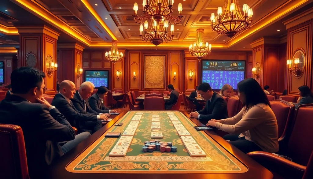 Pemain yang terlibat menikmati Link Mahjong di meja kasino mewah dengan dekorasi yang cerah dan berwarna-warni.