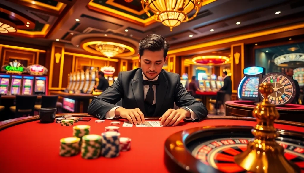 Engage in link mahjong at a luxurious casino table filled with colorful chips and vibrant slot machines.