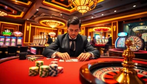 Engage in link mahjong at a luxurious casino table filled with colorful chips and vibrant slot machines.