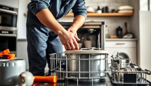 Expert repairing a BOSCH dishwasher, demonstrating the importance of professional appliance services.