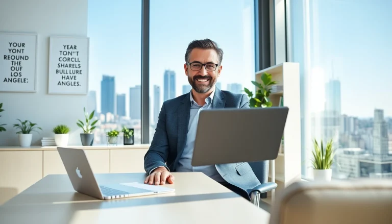 Business coach Los Angeles engaging in a video call with a vibrant city view.