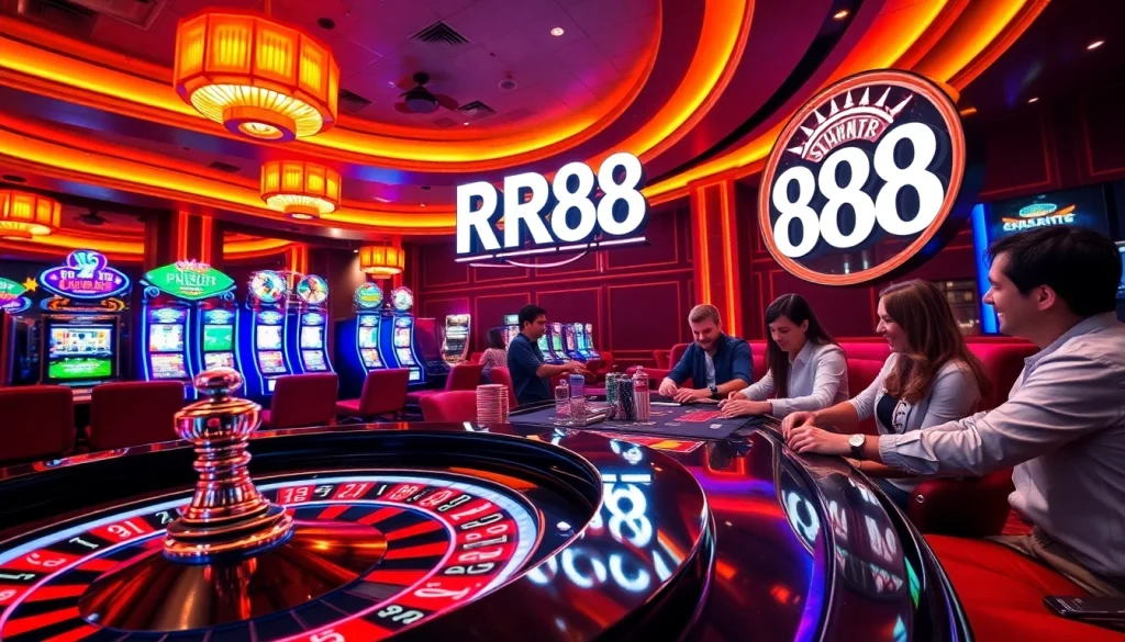 RR88 poker players engaged in a thrilling game at a luxury casino table.