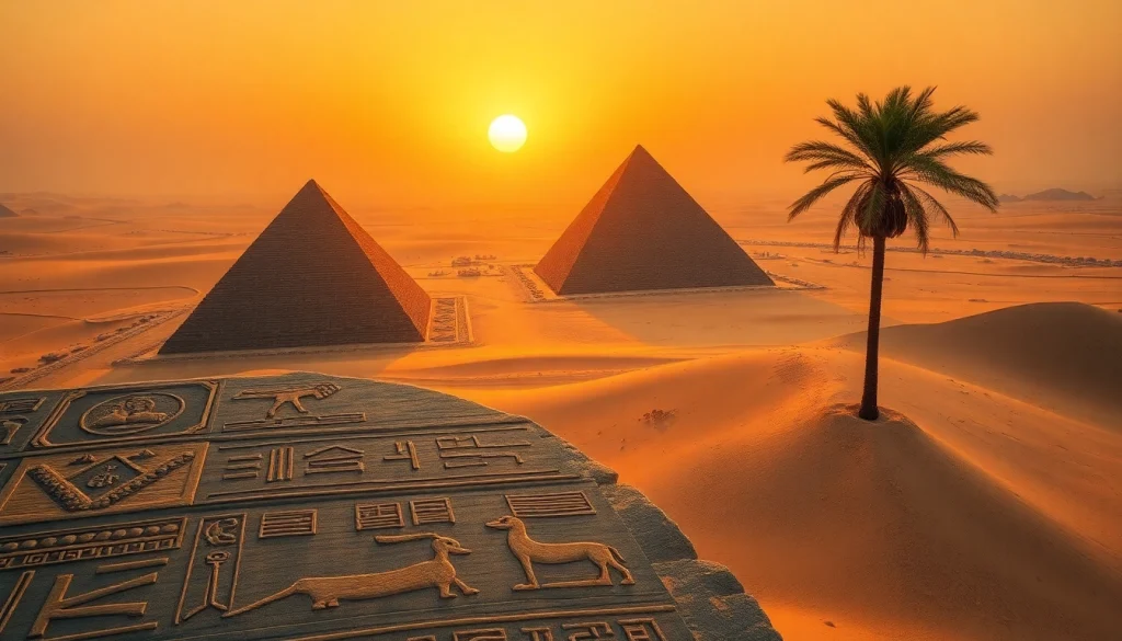 Visual representation showcasing the majestic piraminds against a golden desert sunset, highlighting their grandeur.