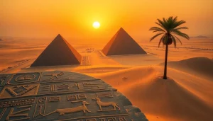 Visual representation showcasing the majestic piraminds against a golden desert sunset, highlighting their grandeur.