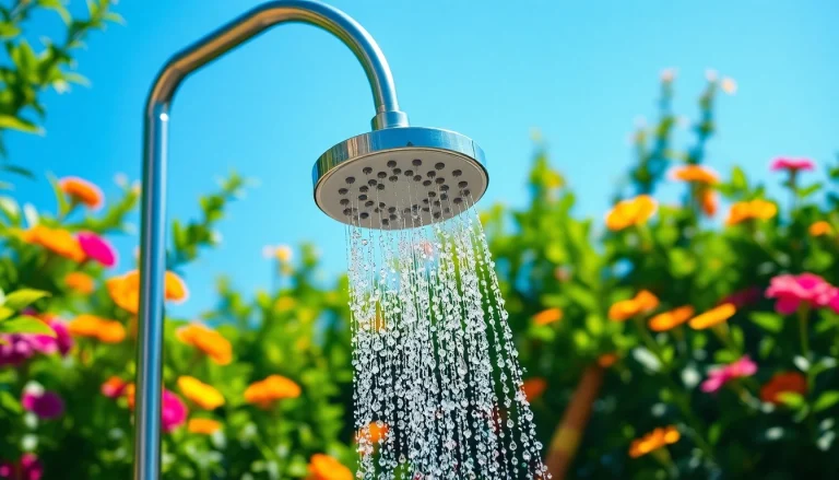 Enjoying a sunny shower in a lush outdoor setting, surrounded by vibrant flowers and greenery.