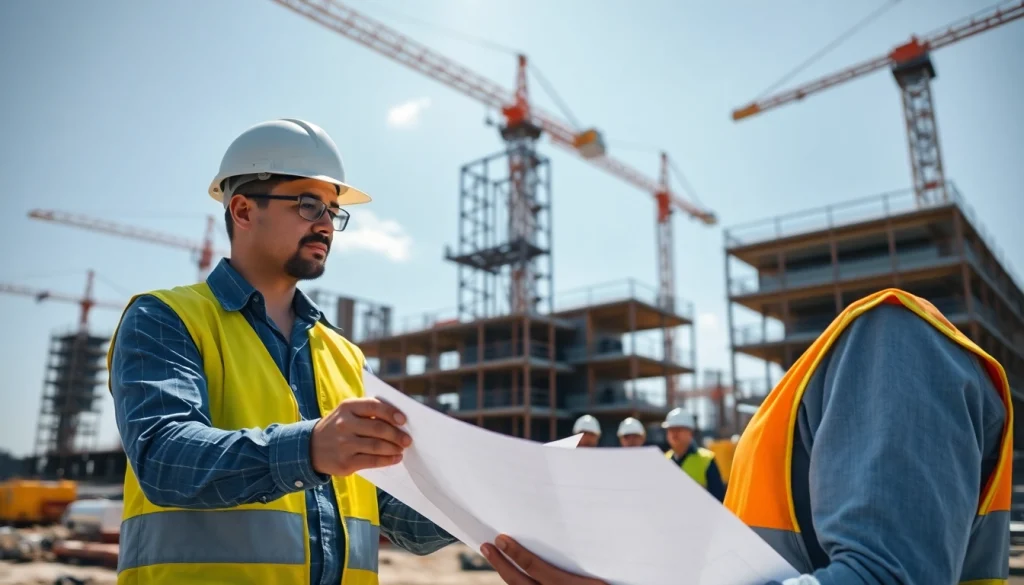New Jersey Construction Manager overseeing a bustling construction site with blueprints.