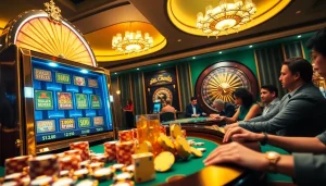 Experience the thrill of slot deposit pulsa at an elegant casino setting featuring vibrant slot machines.