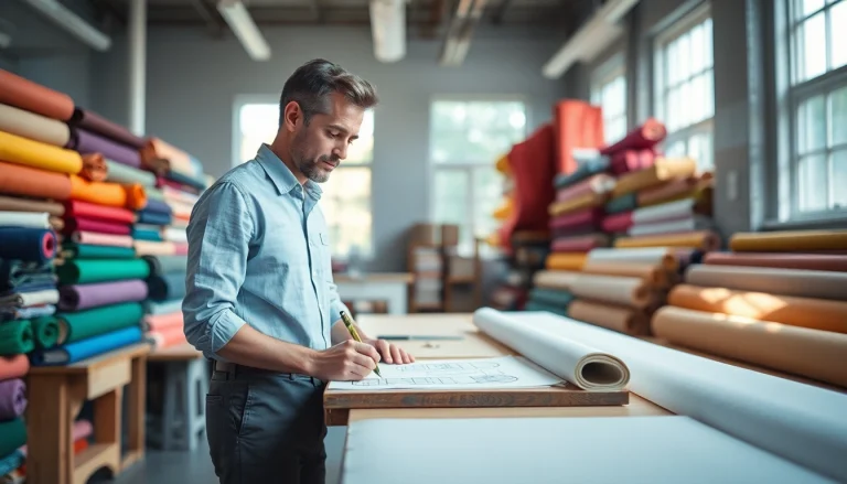 Verken katoenen canvasstof door een professionele ontwerper die ontwerpen maakt in een heldere werkplaats.
