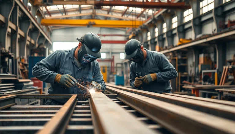 Skilled workers in a steel fabrication shop welding precise metal structures.