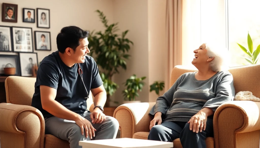 Engaging senior care in Austin TX with a caregiver and a smiling elderly woman.