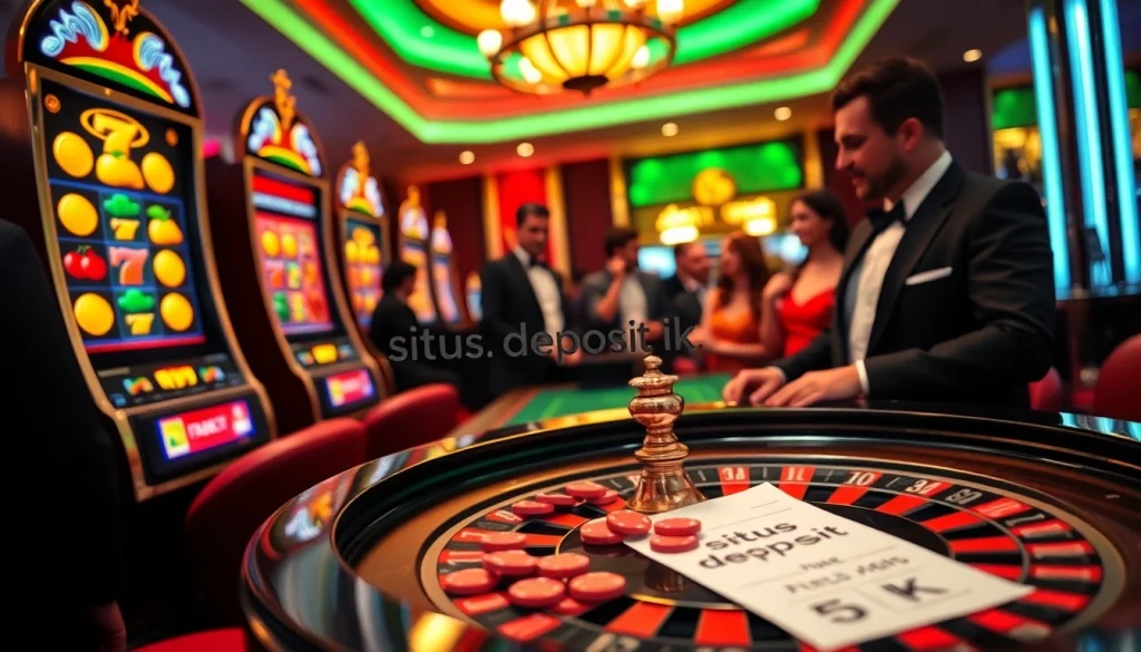 Adegan kasino yang menarik menampilkan opsi taruhan situs deposit 5k dengan mesin slot berwarna-warni.