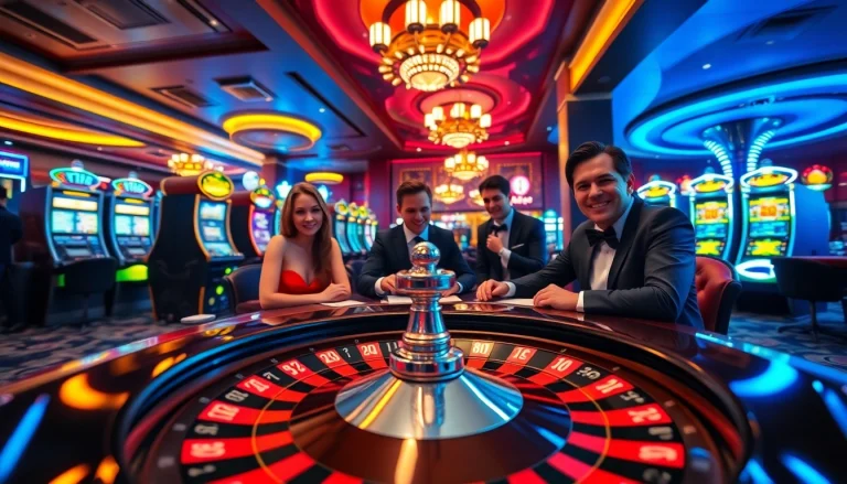An exciting casino scene showcasing players at poker tables, slot machines, and roulette wheels at https://mm88.fun/.