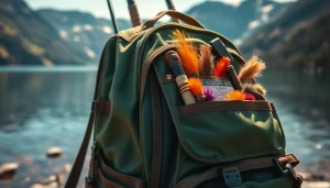 Showcase a durable fly fishing backpack filled with gear by a tranquil mountain lake.