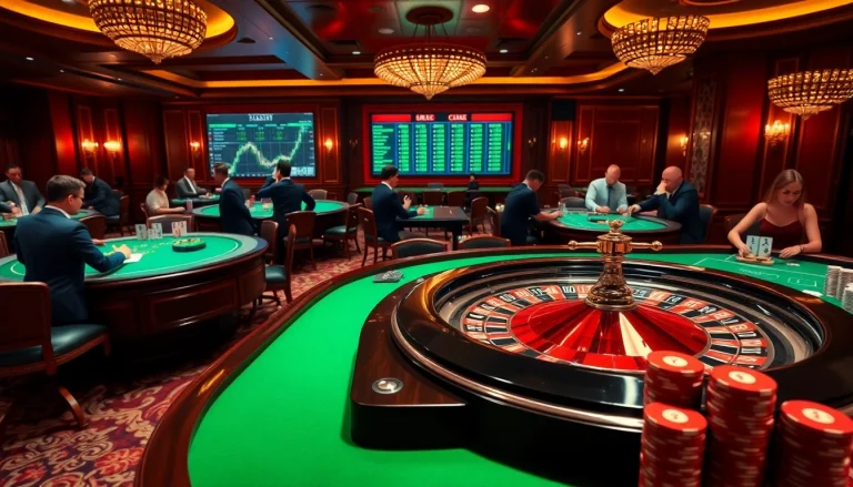 Players engaging at the luxurious 789club casino tables, showcasing vibrant poker chips and betting excitement.