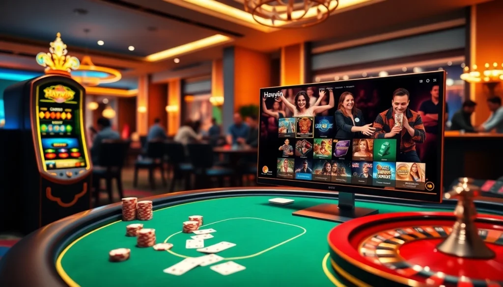 Experience the thrilling action at Haywin's online casino, featuring poker tables, slot machines, and roulette wheels.