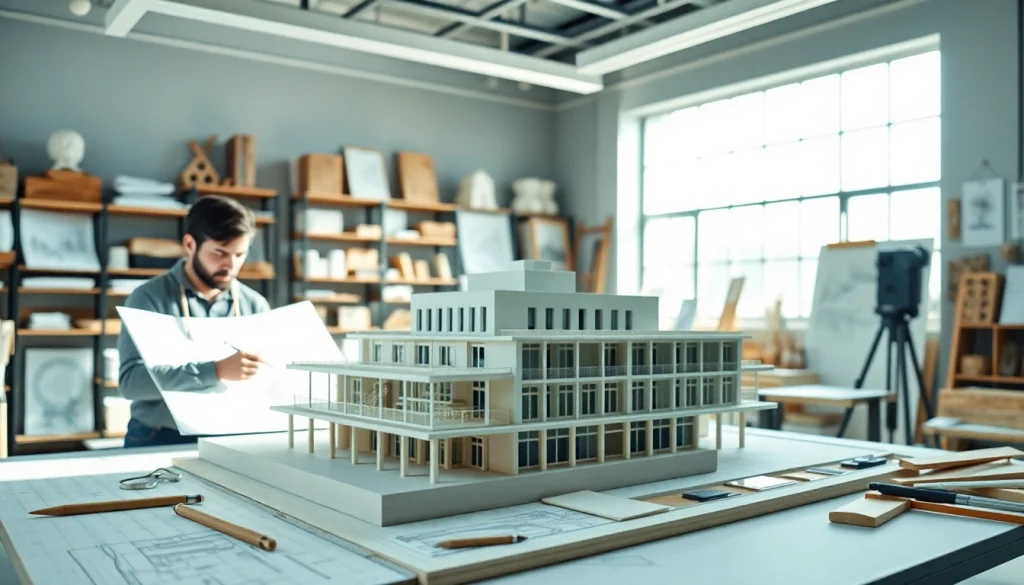 Architekturmodellbau Bochum - Detailliertes Architekturmodell in einem modernen Arbeitsraum.