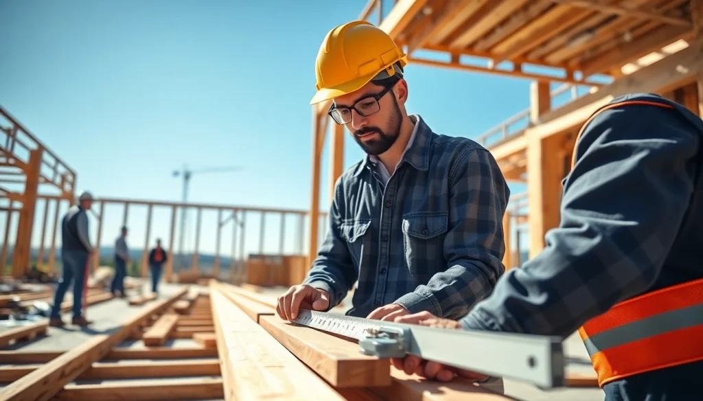 Engaged worker in contractor apprenticeship measuring materials on a construction site.