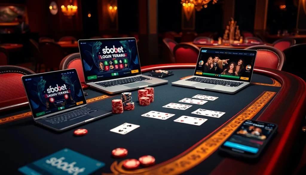 Sbobet login terbaru displayed on a laptop in an elegant casino scene with poker chips and cards.