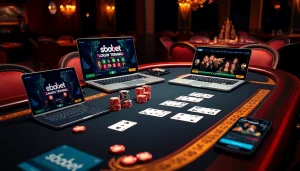 Sbobet login terbaru displayed on a laptop in an elegant casino scene with poker chips and cards.