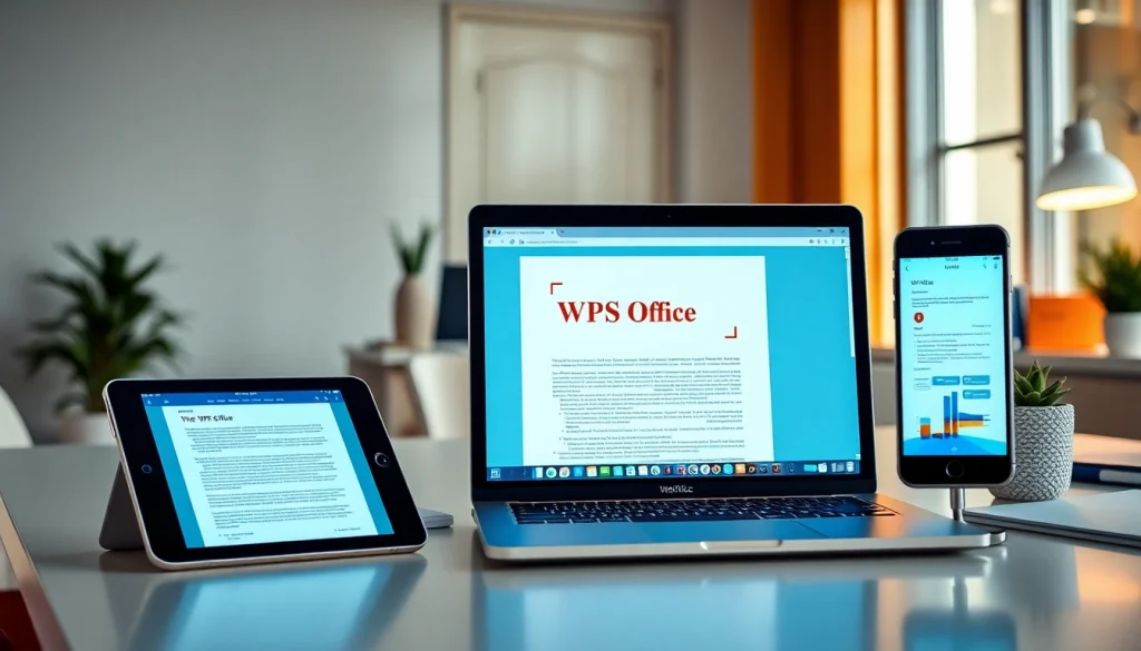 在现代办公空间中多设备展示 WPS Office 的功能。