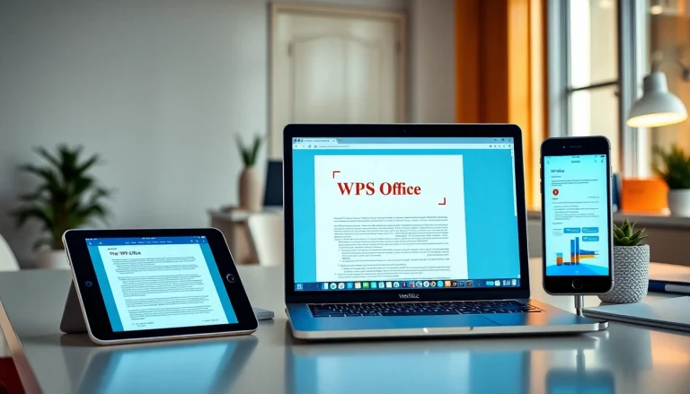 在现代办公空间中多设备展示 WPS Office 的功能。