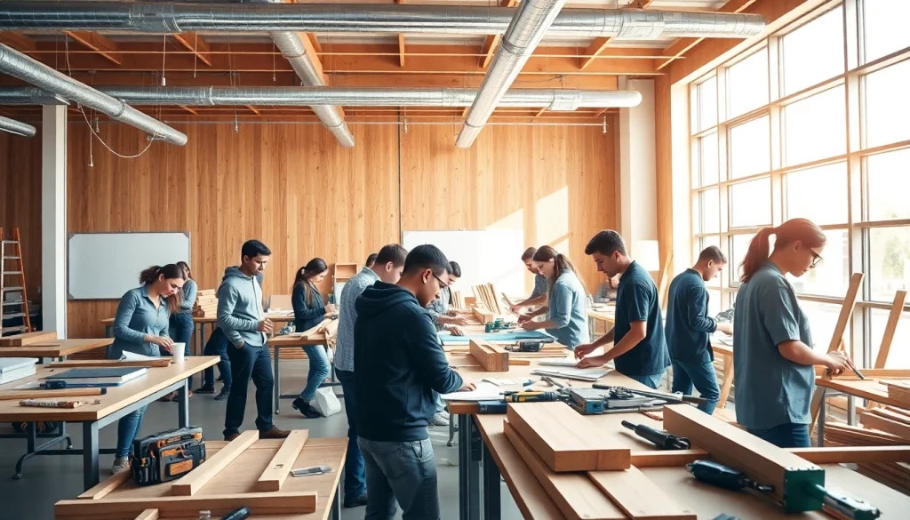 Students at construction trade schools in texas engaged in hands-on learning in a bright, modern classroom.