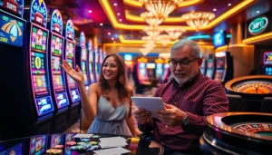 Strategi kemenangan pada mesin slot yang menampilkan 'deposit slot 1K' dengan pemain yang bersemangat di kasino mewah.