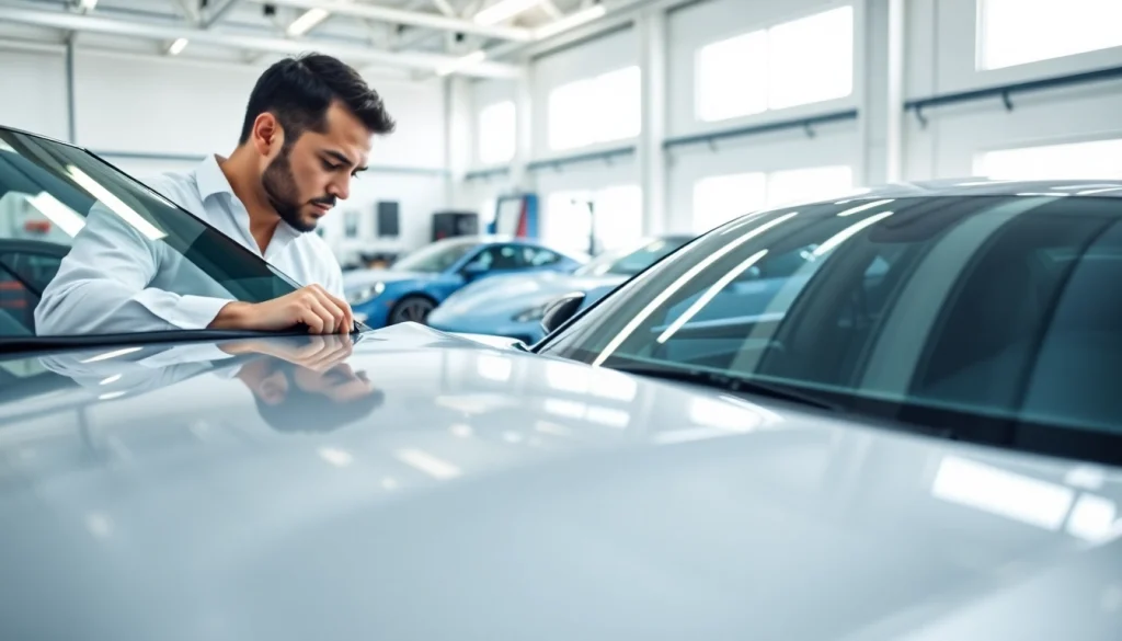 Applying paint protection film near me to a luxury car by a professional technician.