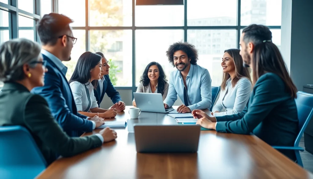 Engaged professionals in a sales talent marketplace collaboration setting, showcasing teamwork and diversity.