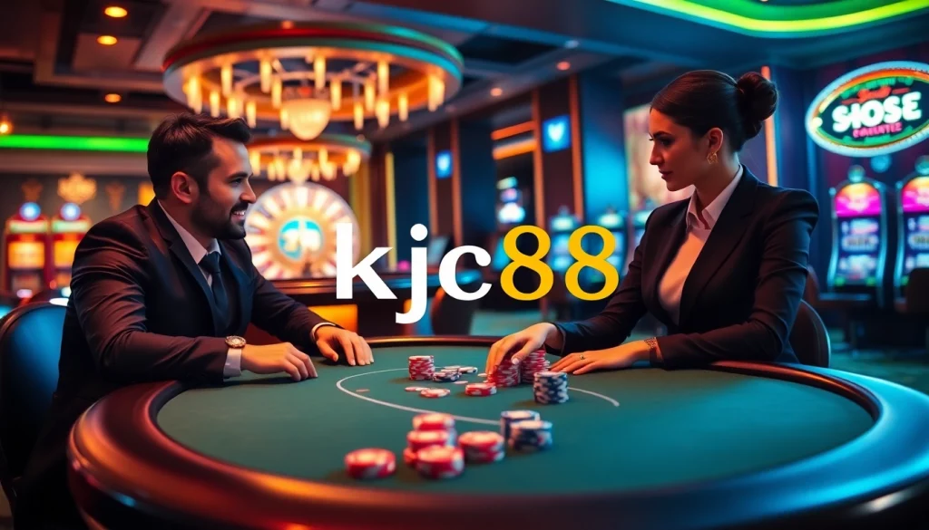 KJC88 poker game in a luxurious casino setting with vibrant lights and exciting atmosphere.