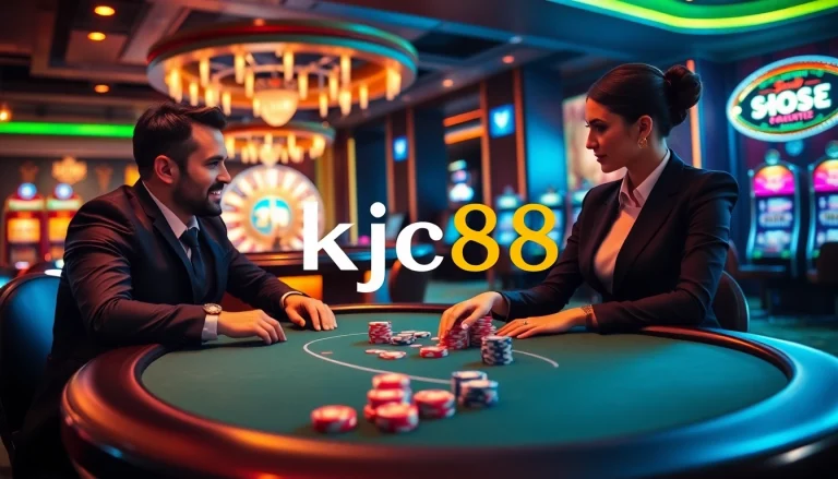 KJC88 poker game in a luxurious casino setting with vibrant lights and exciting atmosphere.