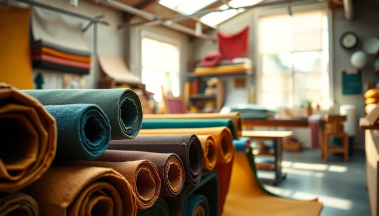 Het kopen van katoenen canvasstof toont een kleurrijke selectie van stoffen in een workshop.