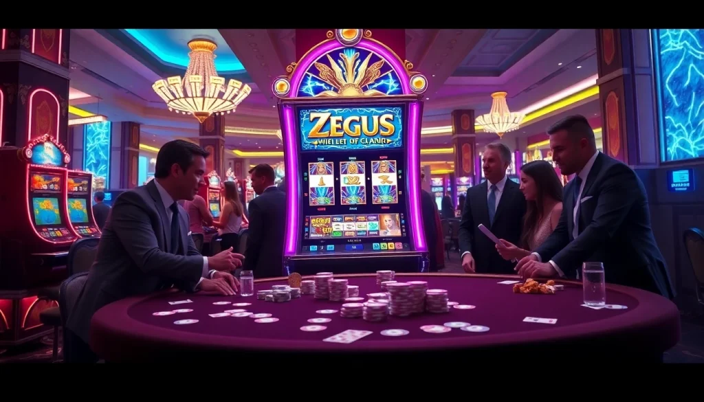 Players enjoy the thrilling zeus slot machine amidst a vibrant casino aura, celebrating potential wins.
