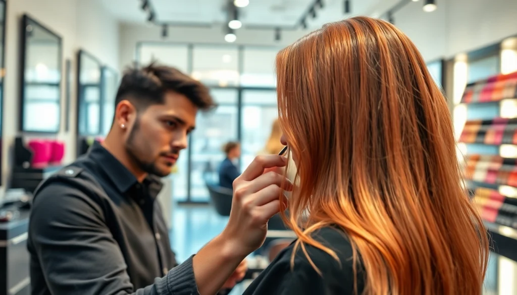 Hairstylist bucuresti applying hair color in a modern salon setting with vibrant displays.