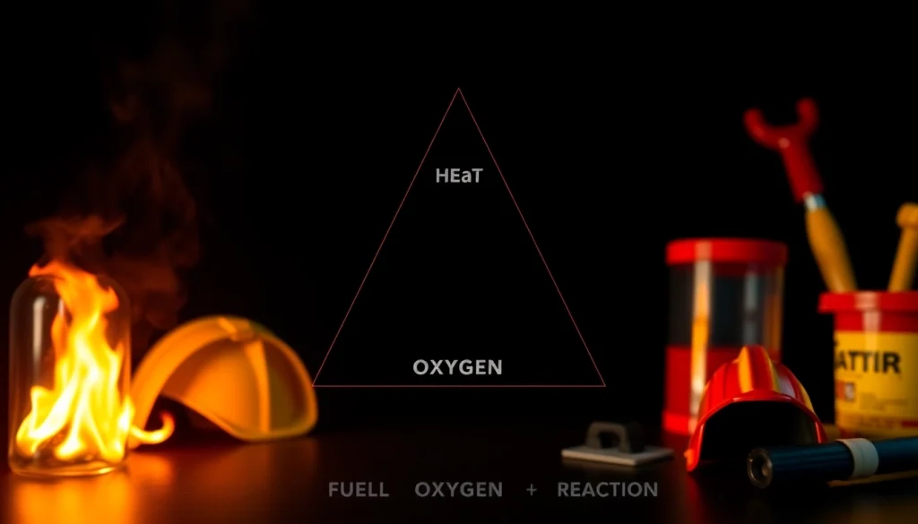 Diagram explaining the fire tetrahedron and its four essential elements for fire prevention.