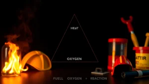 Diagram explaining the fire tetrahedron and its four essential elements for fire prevention.