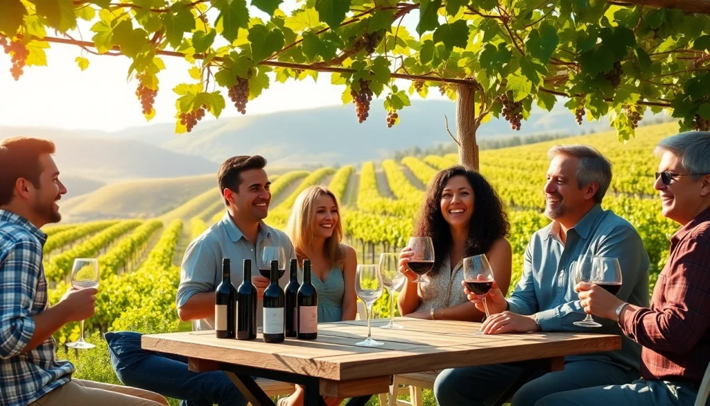 Engaging winery membership experience with friends enjoying wine tasting in a picturesque vineyard.