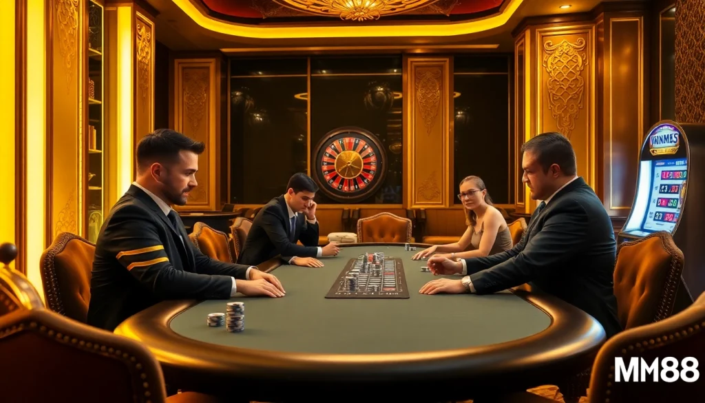 MM88 luxury casino scene with players at a poker table showcasing excitement and professionalism.