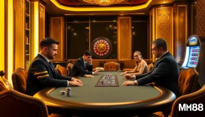 MM88 luxury casino scene with players at a poker table showcasing excitement and professionalism.