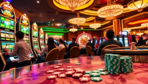 Action-packed scene showcasing excitement in a slot deposit 1k environment with players eager to win jackpots.