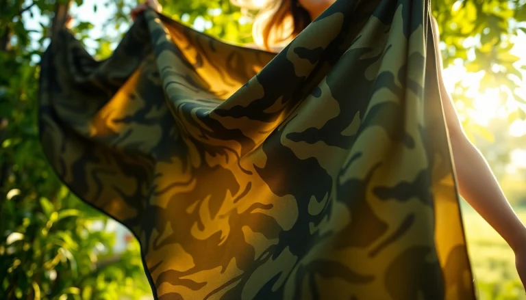 Legerprint stof in de buitenlucht, weergegeven door een model met een mooi patroon.