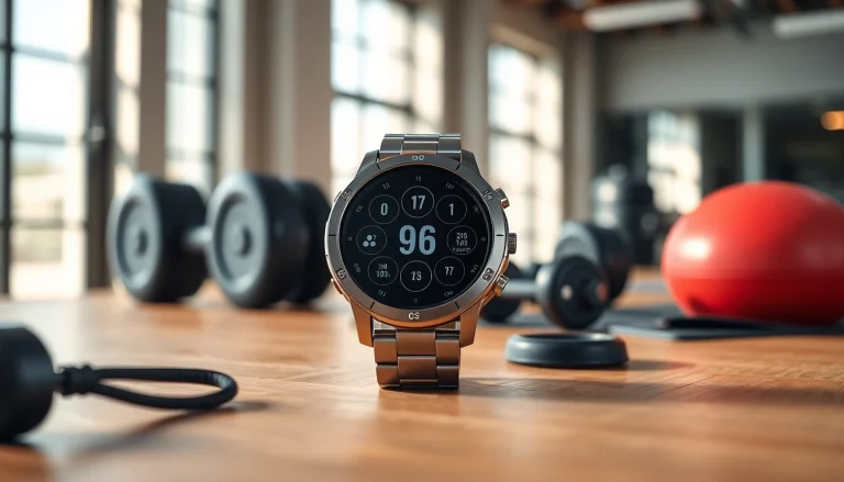 Showcase of the Explorer Plus GPS Smart Watch with fitness metrics in a vibrant setting.