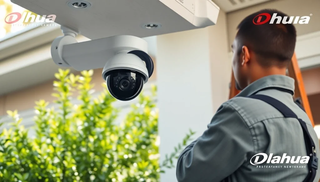 Instalación de cámaras Dahua por un técnico en un entorno residencial que enfatiza la seguridad y la profesionalidad.