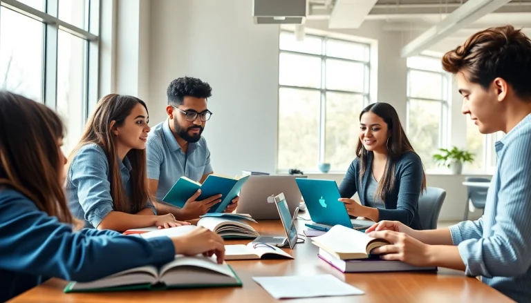 Students collaborating in a study environment to represent the exam assistance industry.