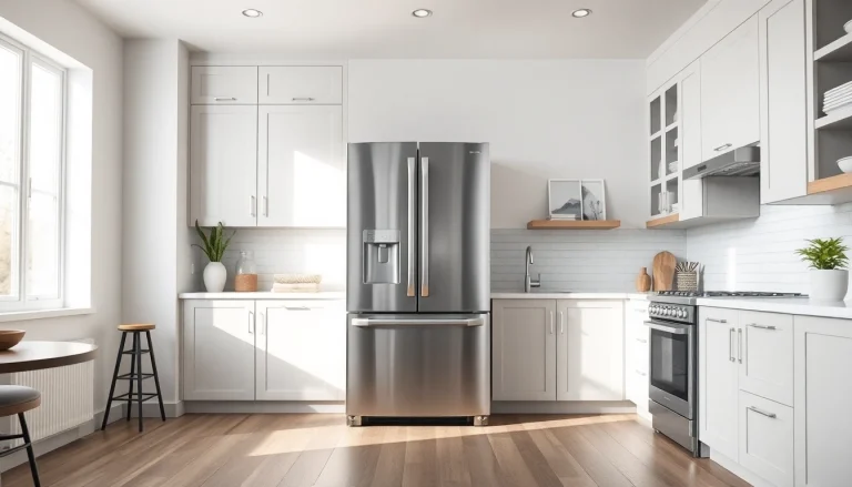 Explore innovative refrigerator sales with a contemporary kitchen featuring a sleek stainless steel design.
