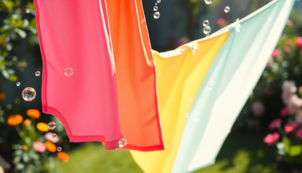 Katoen stof wassen met kleurrijke stoffen die fris drogen aan een waslijn.