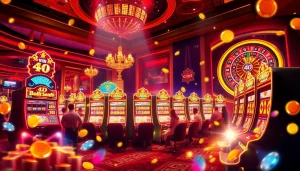 Excited players engage with the pen 4d themed slots at a vibrant casino, showcasing colorful lights and dynamic action.
